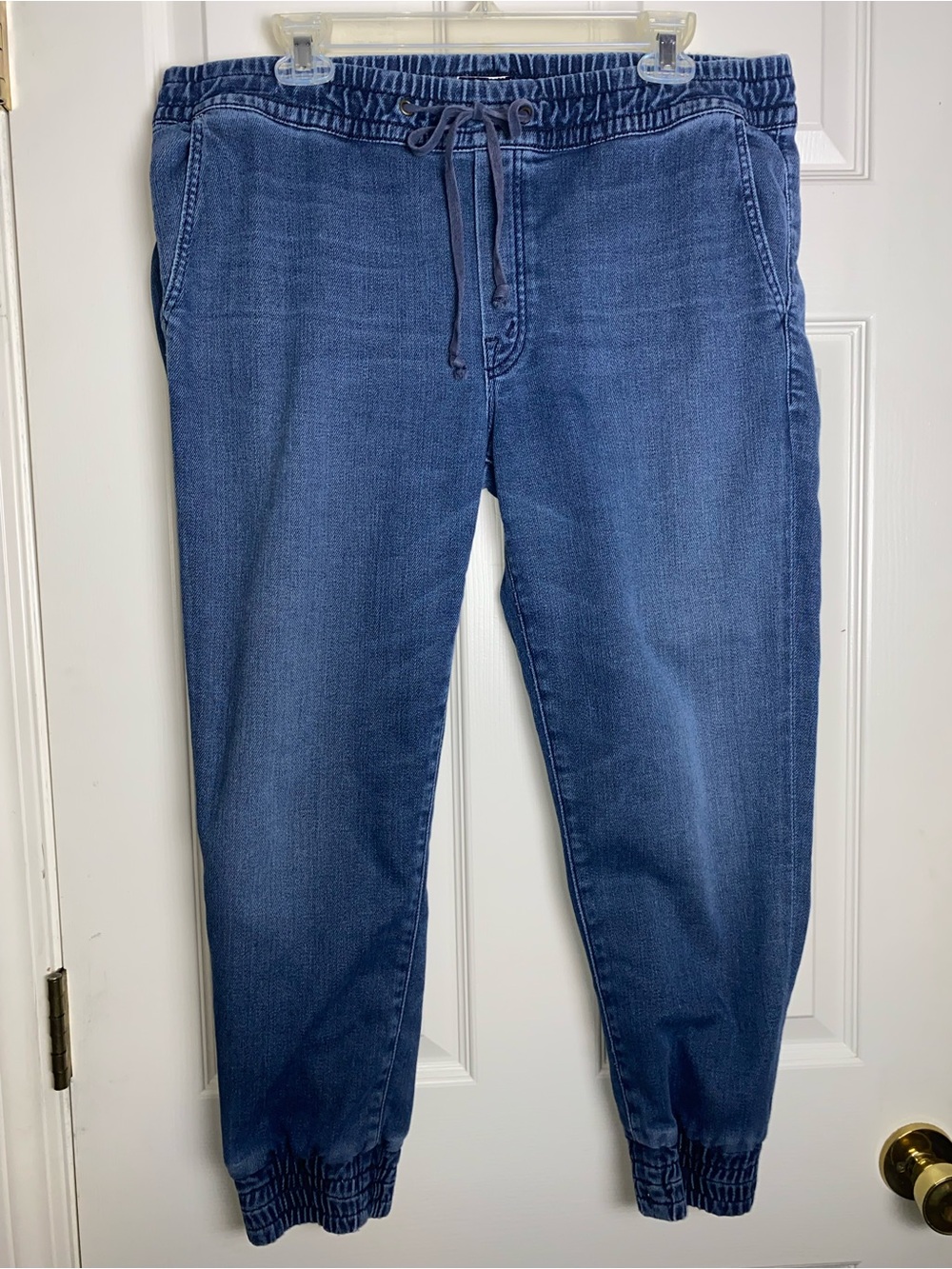 MOTHER Blue Denim Drawstring Crop Trainer Jogger Pants
